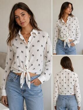 Velvet Fleur Women S White Black Bow Print Blouse Button Up Long Sleeve Coquette